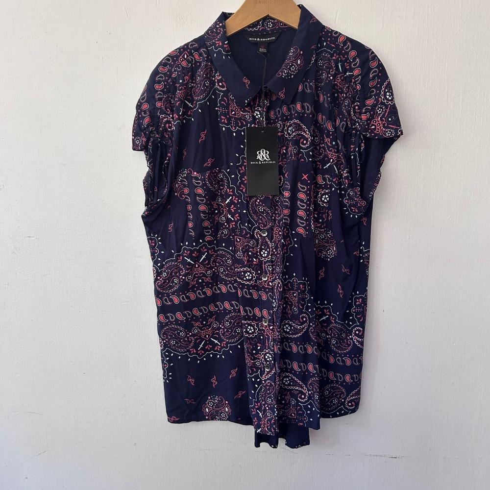 Rock & Republic Top Women XL Navy Bandana Paisley Button Up Rockabilly NWT Boho